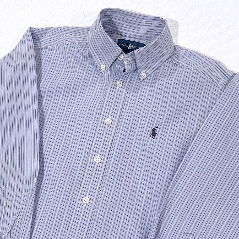 Ralph Lauren Blue White Navy Stripe Long Sleeve Button Down Shirt Boys Size 8 Sm